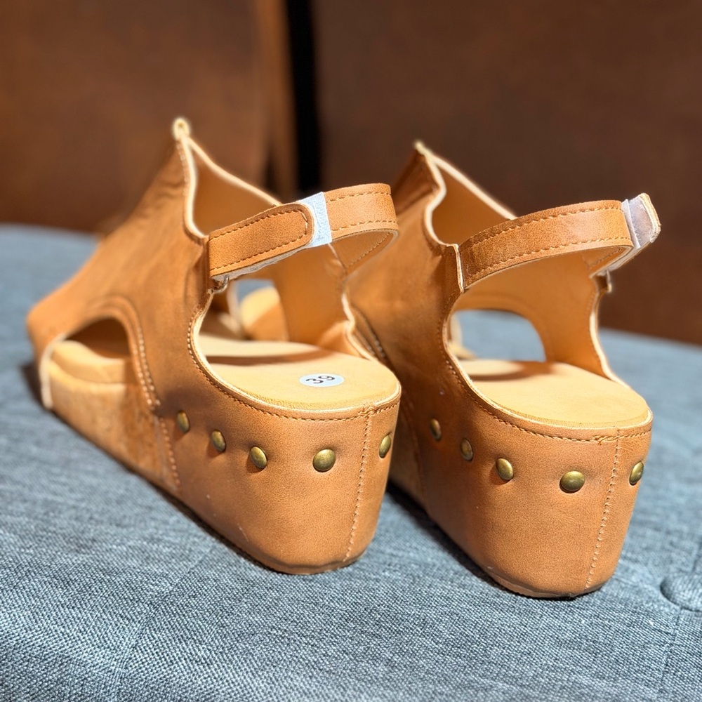 Womens Tan Open-Toe Slingback Cork Wedge Sandals - Picture 2 of 6